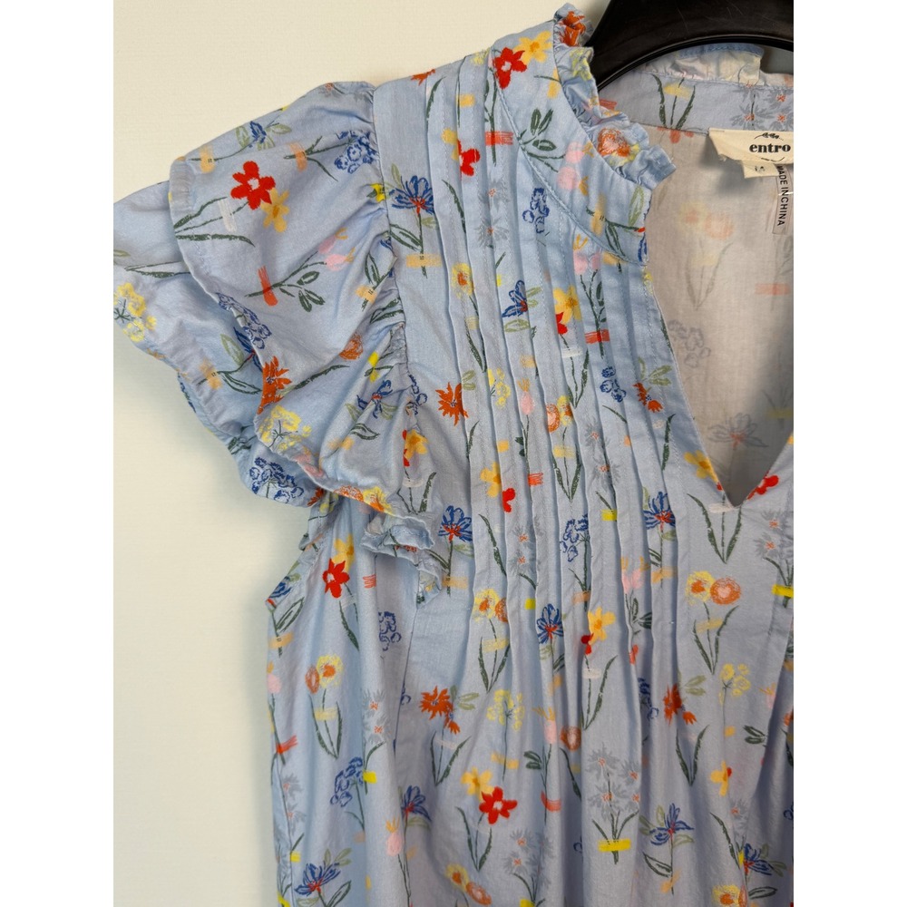 Entro Floral Flutter Sleeve Blouse Women Medium Blue Pintuck Pleated Cotton Top - Picture 2 of 8